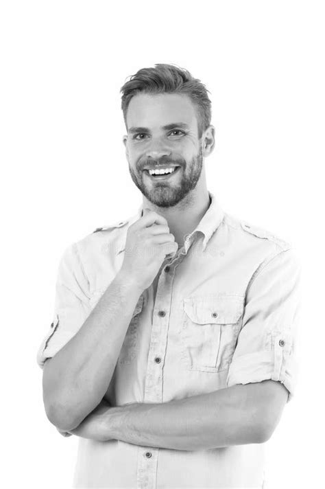 Boa Ideia Homem Bonito Barbudo Sorrindo Em Fundo Branco Isolado Cara