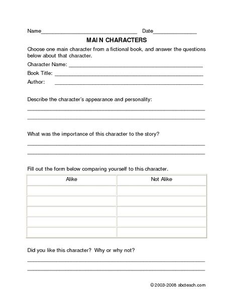 Main Characters Worksheet For 4th 6th Grade Lesson Planet