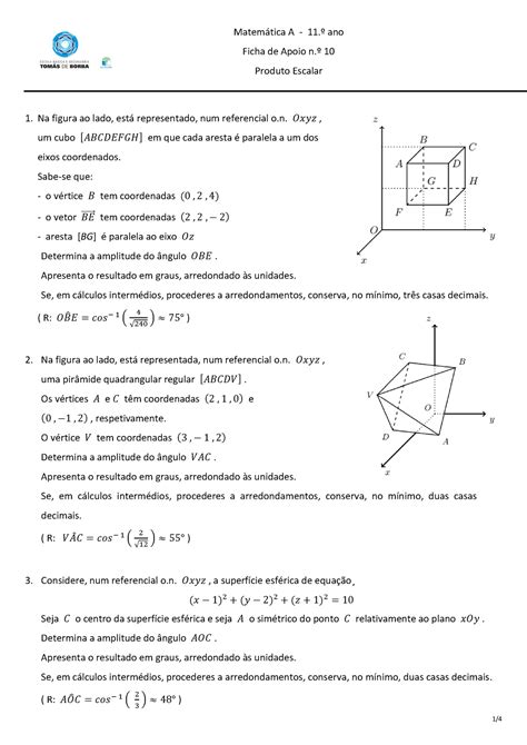 Ficha Produto Escalar Matem Tica A Ano Ficha De Apoio N