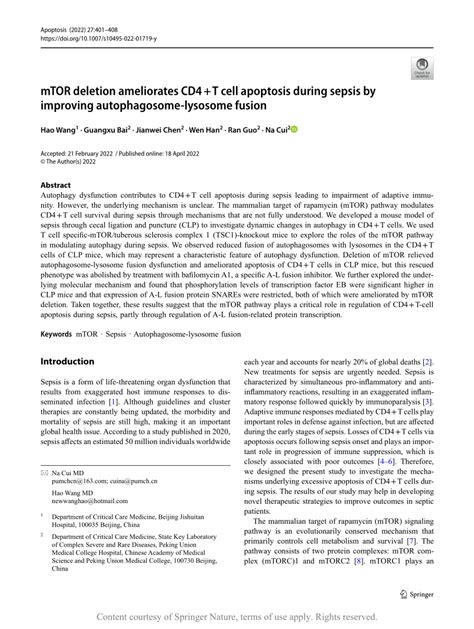 PDF MTOR Deletion Ameliorates CD4 T Cell Apoptosis During Sepsis By