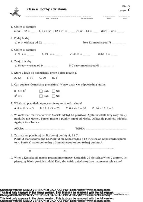 Sprawdzian Z Matematyki Liczby I Dzialania Klasa M Dry