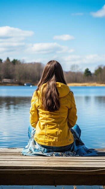 Una Mujer Sentada En Un Muelle Mirando Hacia Un Lago Foto Premium