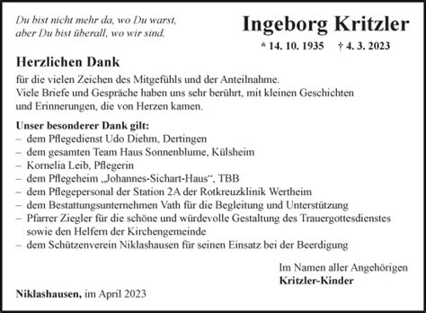 Traueranzeigen Von Ingeborg Kritzler Trauerportal Ihrer Tageszeitung