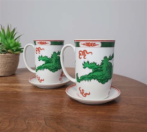 Dragon Crest Green Mugs With Small Saucers Underplate By Fitz Floyd