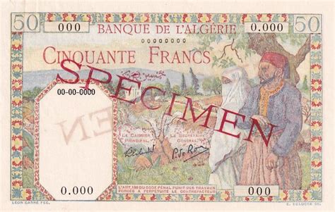 Billet Algérie 50 Francs Couple Spécimen ND 1938 P 84