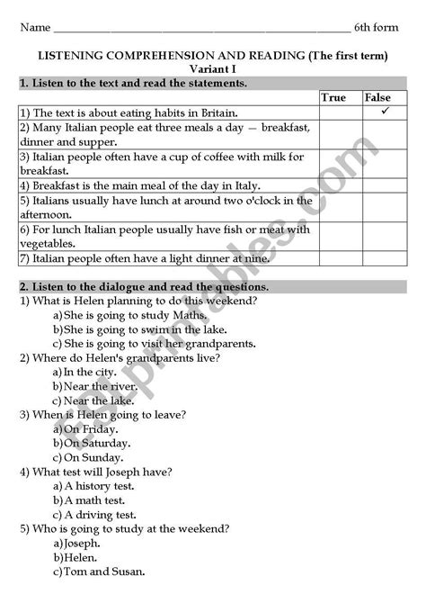 Listening Comprehension And Reading First Term 6th Formers Esl