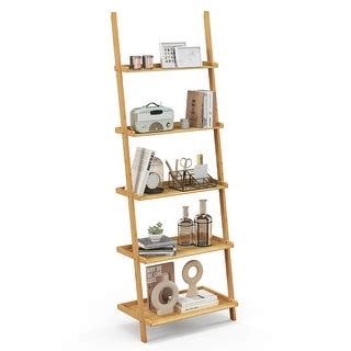 Gymax 5 Tier Bamboo Ladder Shelf Wall Leaning Bookshelf Display Bed