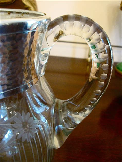 Glass Lemonade Pitcher with Engraving, Silver Rim | Antiques Board