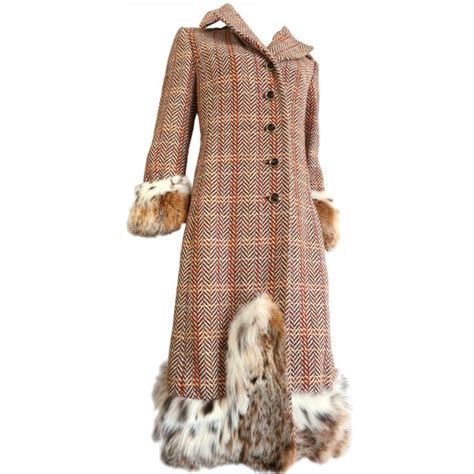 Vintage CHRISTIAN DIOR Lynx Fur Trimmed Wool Tweed Midi Coat