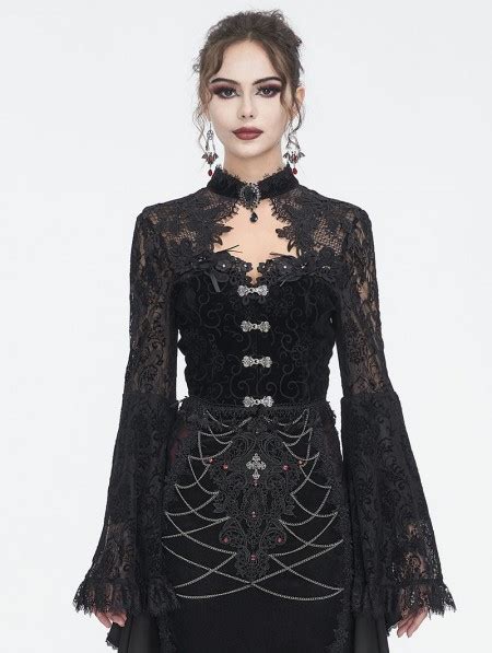 Eva Lady Black Vintage Gothic Hollow Out Lace Trumpet Sleeve Short