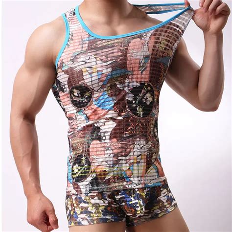 Brand Men Sexy Tank Tops Fashion Print Mesh Breathable Tank Tops