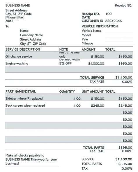 Explore Our Sample Of Auto Mechanic Receipt Template Invoice Template