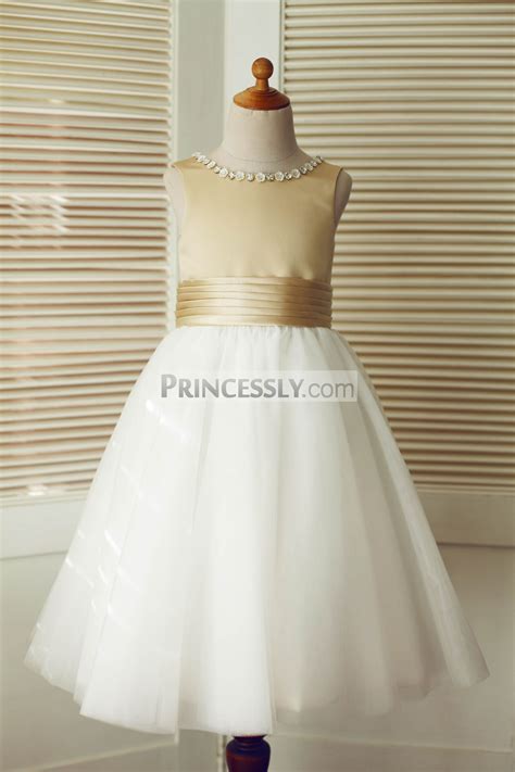 Champagne Satin Ivory Tulle Flower Girl Dress With Beaded Neck Avivaly