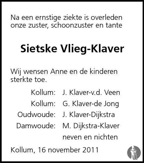 Sietske Vlieg Klaver 16 11 2011 Overlijdensbericht En Condoleances