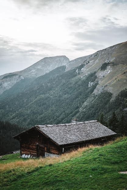 Cabaña de madera en los alpes con montañas al fondo panorama Foto Premium