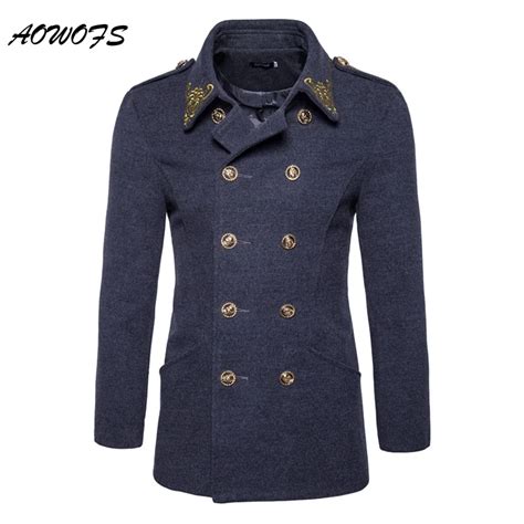 Aowofs Mens Wool Coats Embroidery Trench Coats Skulls Button Double