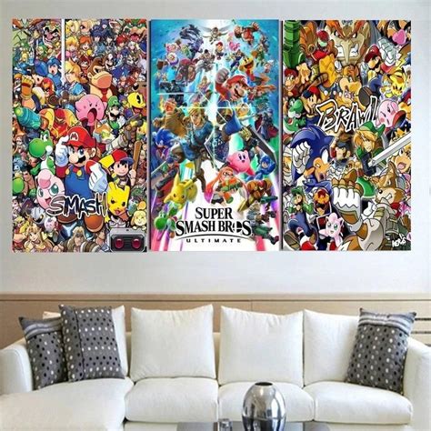 Super Smash Bros Wall Art Video Game Canvas Framed Hd Poster 3 Panel