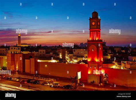 Morocco Casablanca Old Medina Clock Tower And Hassan Ii Mosque Stock