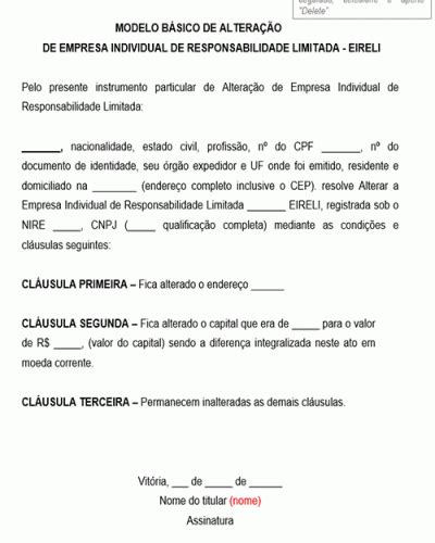 Modelo B Sico De Altera O De Empresa Individual De Responsabilidade