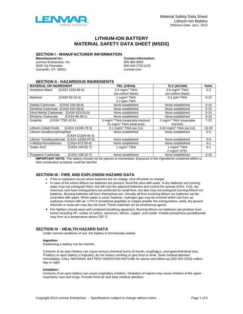 Pdf Lithium Ion Battery Material Safety Data Sheet Msds Pdf