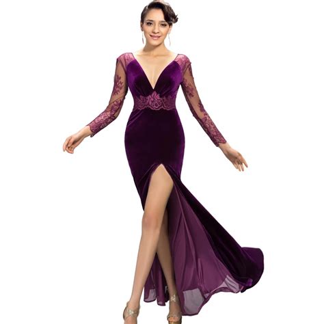 Sexy Velvet Evening Dresses With High Slit V Neck Long Sleeve Lace