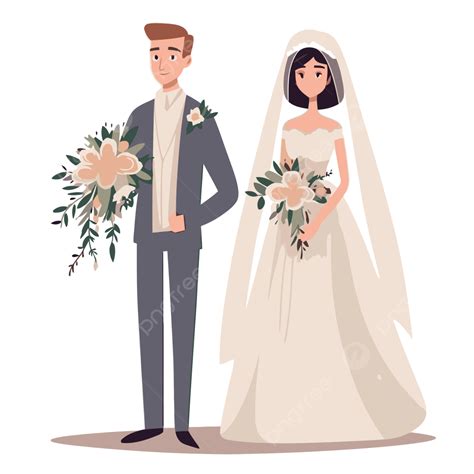 Pengantin Clipart Pasangan Pernikahan Memegang Buket Kartun Vektor