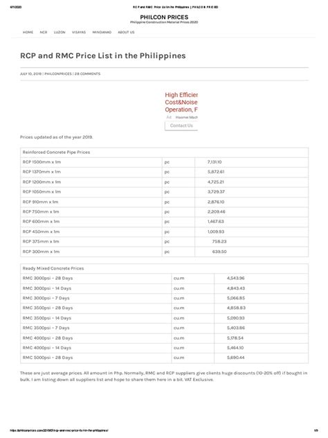 Rcp And Rmc Price List In The Philippines Philcon Prices Pdf