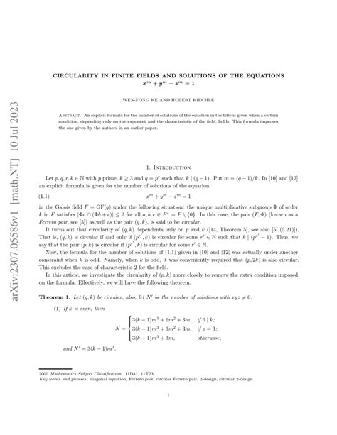 Pdf Circularity In Finite Fields And Solutions Of The Equations Boldsymbol{x {m} Y {m} Z {m} 1}