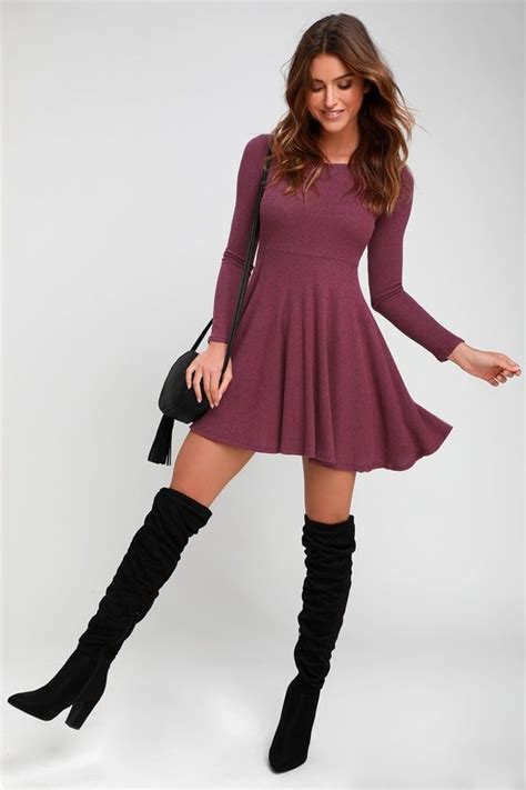 Fit And Fair Mauve Purple Ribbed Knit Long Sleeve Skater Dress Artofit