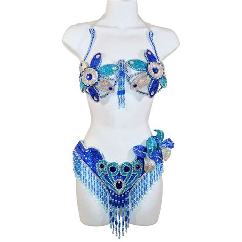 Samba Show Girl Bra Bikini Brazilian Blue Blue Silver Set Belly Dance Carnival Costume Waistband