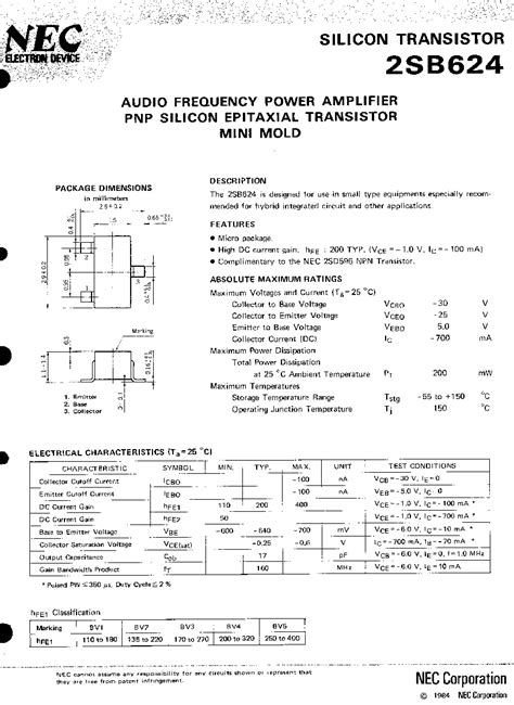 2SB624 Datasheet 1 4 Pages NEC AUDIO FREQUENCY POWER AMPLIFIER PNP