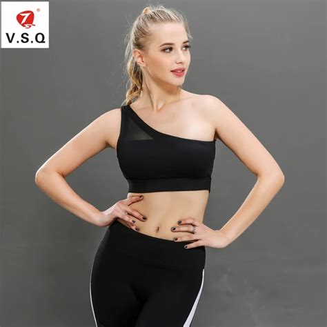 V S Q One Shoulder Solid Nylon Sports Bra Women Fitness Yoga Bras Gym