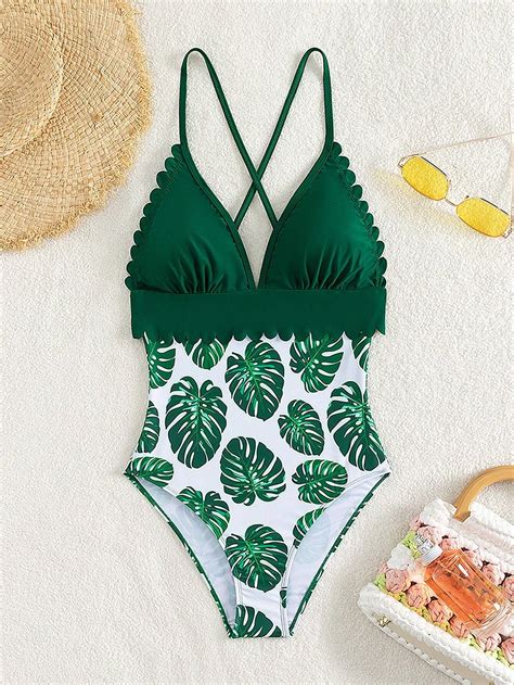 Shein Swim Costume Intero Con Stampa Tropicale Con Orlo Smerlato