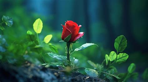 Premium Ai Image Red Rose In Dew Drops Nature Background