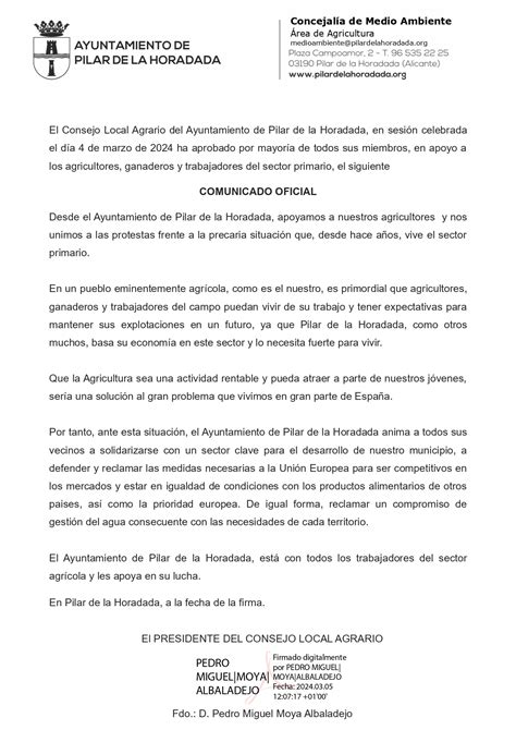 El Consejo Local Agrario Pilar De La Horadada Manifiesta Su Apoyo A Los