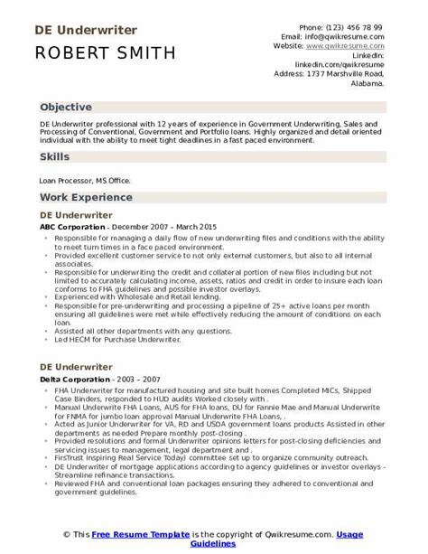 De Underwriter Resume Samples Qwikresume