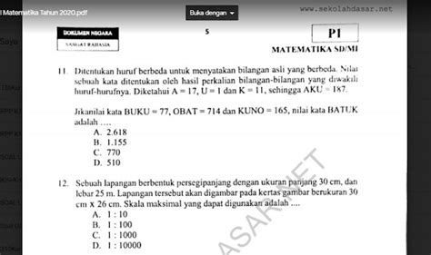 Soal Try Out Ujian Sekolah SD Mapel Matematika Tahun 2020