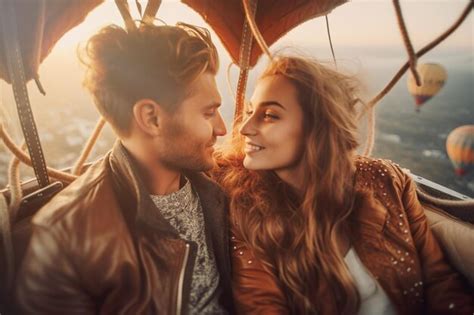Premium AI Image Illustration Of Lovely Couple In Hot Air Balloon