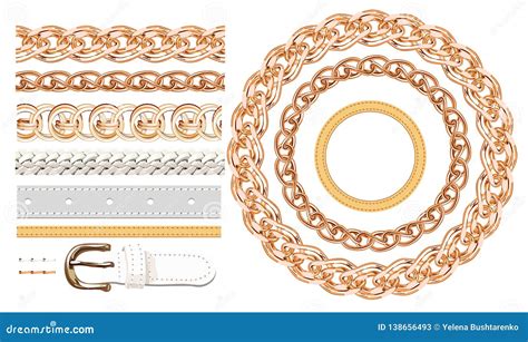 Realistic Gold Necklace Chains Vector Brushes Set Golden Metal Chain