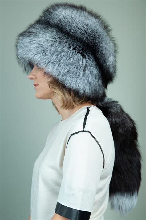 Round Natural Silver Fox Fur Hat With Detachable Tail Handmade By Nordfur