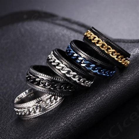 2 Pcs Men Stainless Steel Embossed Turnable Chain Rings Color Black