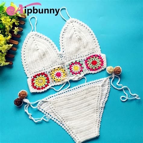 Aipbunny Hand Made Knitted Flower Crochet Bikinis Set Maillot De Bain