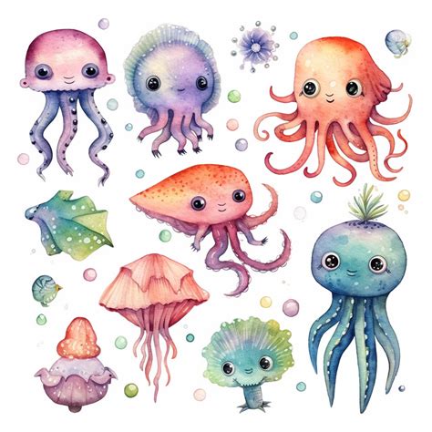 Cutest Little Nursery Sea Creatures With Big Eyes Full Body Pen And