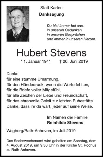 Traueranzeigen Von Hubert Stevens Aachen Gedenkt