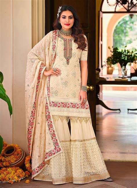 Off White Heavy Designer Embroidered Wedding Sharara Suit Indian