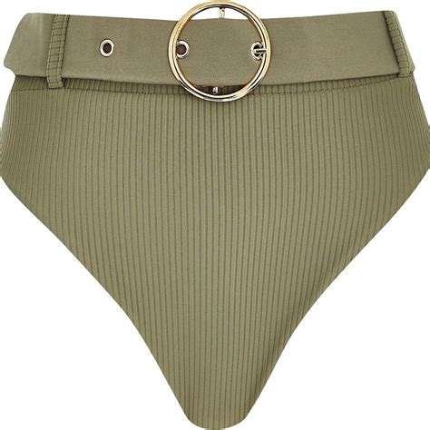 Khaki Belted High Waist Bikini Bottoms Swimsuits Bikinis Swimwear