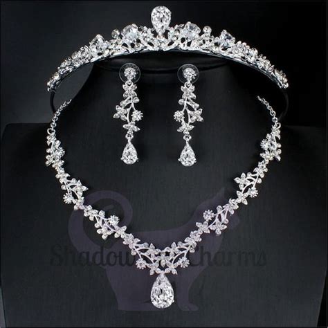 Silver Bridal Jewelry Set Bridal Necklace Earring Tiara Set Bridal