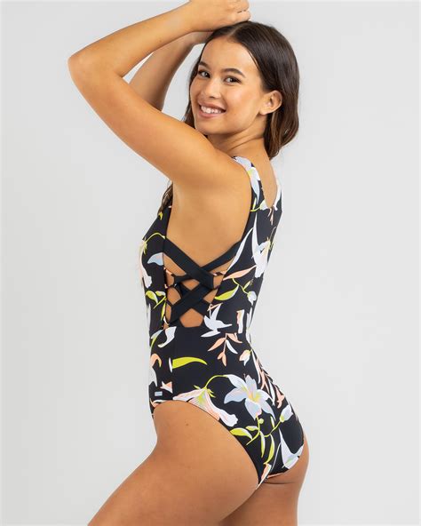 Shop Roxy Hibiscus Wave One Piece Swimsuit In Anthracite Hibiscus Wave