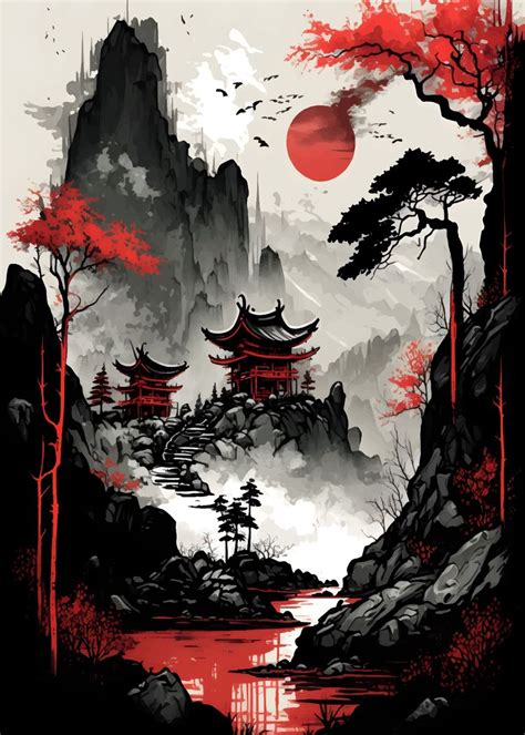 Red Moon Japan Poster Picture Metal Print Paint By Faissal Thomas