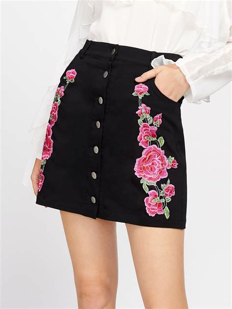 Buttoned Up Symmetric Flower Embroidery Skirt Sheinsheinside